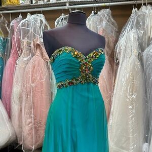 Mori Lee Strapless Dress in Teal with Colorful Embellishments